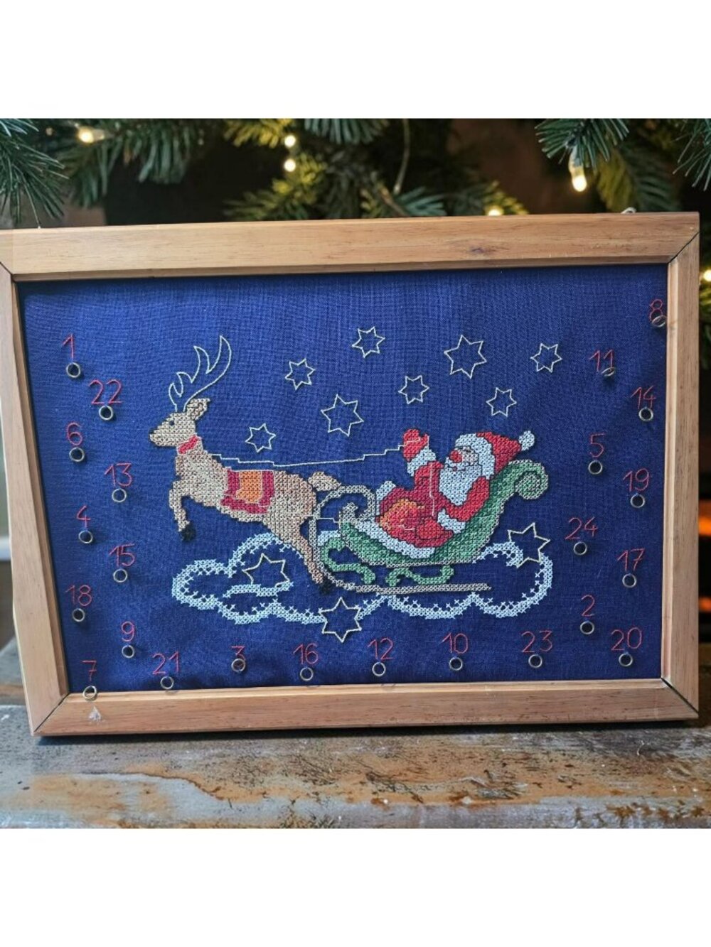 Handmade Cross Stitch Santa & Reindeer Christmas Advent Calendar Wall Decor